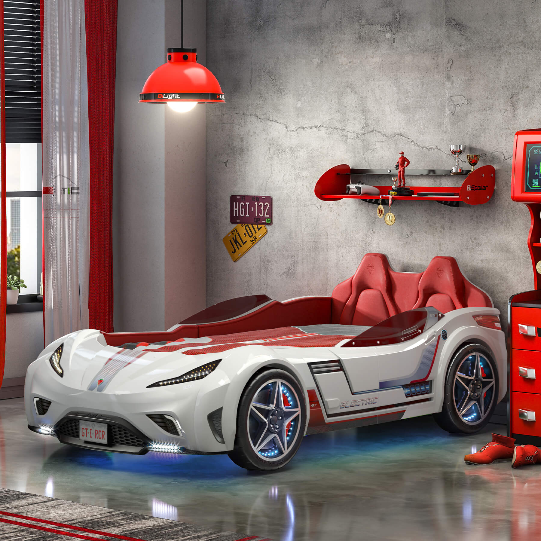 Cilek GTE wit autobed race bed kopen, autobed met licht en geluid kopen, complete autokamer kopen, jongenskamer auto inspiratie