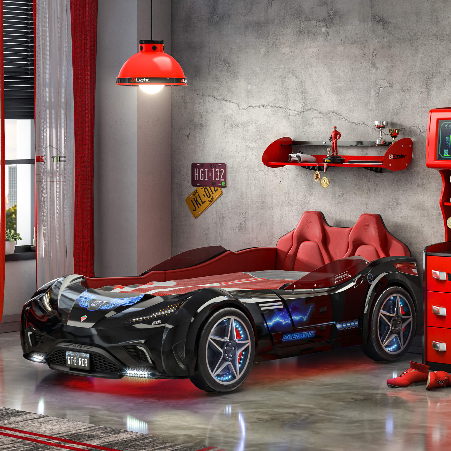 Cilek GTE zwart autobed kopen, inspiratie autokamer, racebed kopen, stoer auto bed jongenskamer, complete autokamer kopen, inspiratie jongenskamer