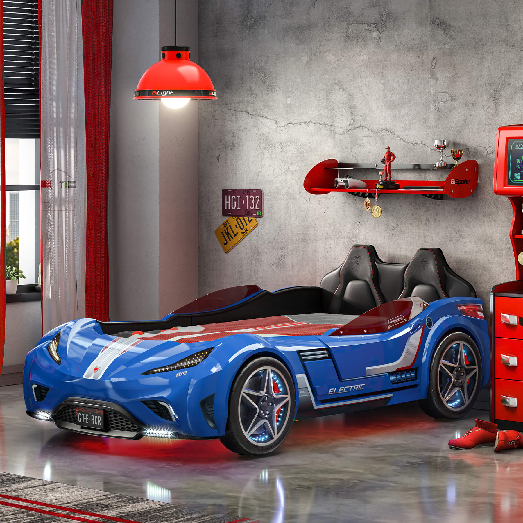 Cilek blauw autobed kopen, racebed blauw kopen, blauwe jongenskamer inspiratie, autokamer compleet kopen, jongenskamer auto met licht en geluid, peuterbed inspiratie