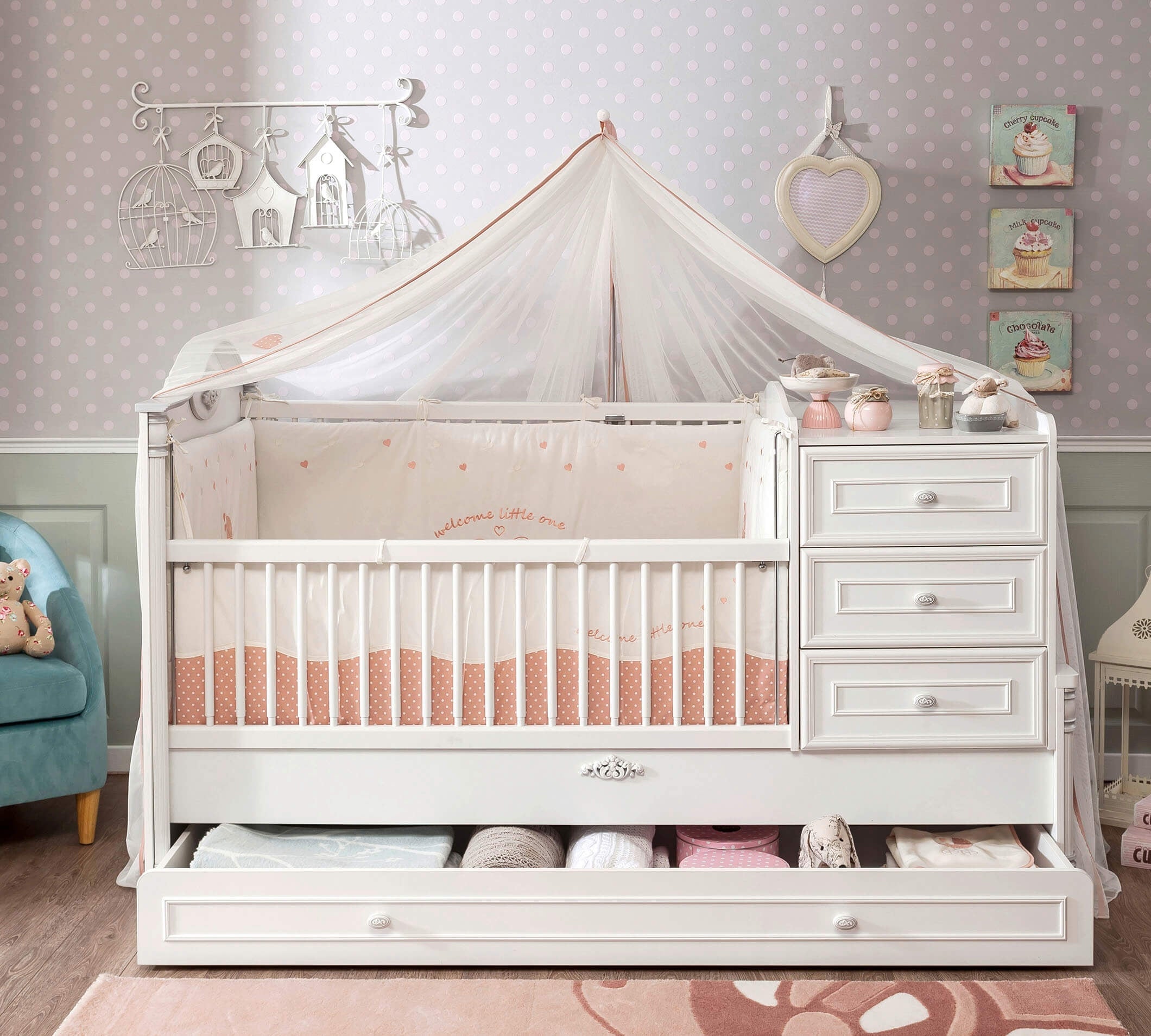 Cilek Romantic witte meegroei ledikant, babybed wit, ledikant met commode, meegroeibed baby, inspiratie meubels kleine babykamer, complete meegroeikamer kopen, complete witte babykamer meubels