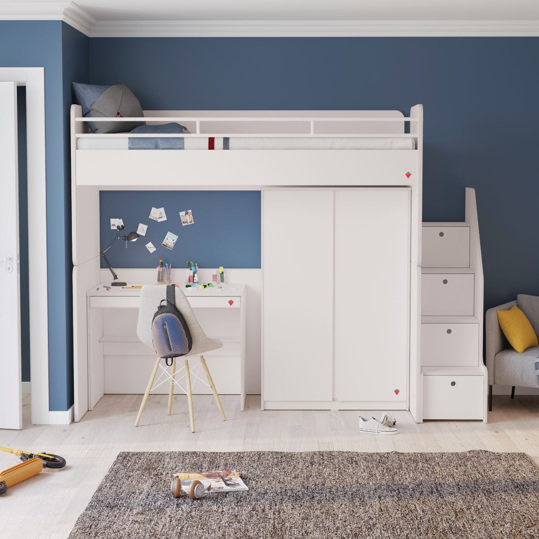 Kinderhoogslaper - 90 x 200 cm - met opbergtrap raam kledingkast - hout MDF - wit Kinderhoogslaper - 90 x 200 cm - met opbergtrap raam kledingkast - hout MDF - wit